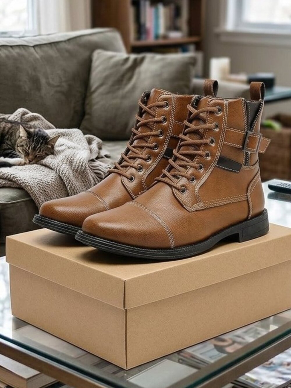 Men's Brown Leather Oxford Dress Boots Buckle Lace Up Side Zipper Casual